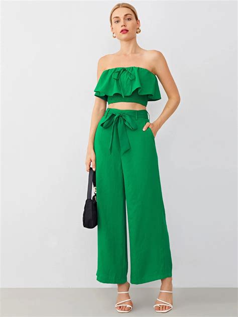 Shein Knot Front Foldover Shirred Tube Top And Self Belted Wide Leg Pants