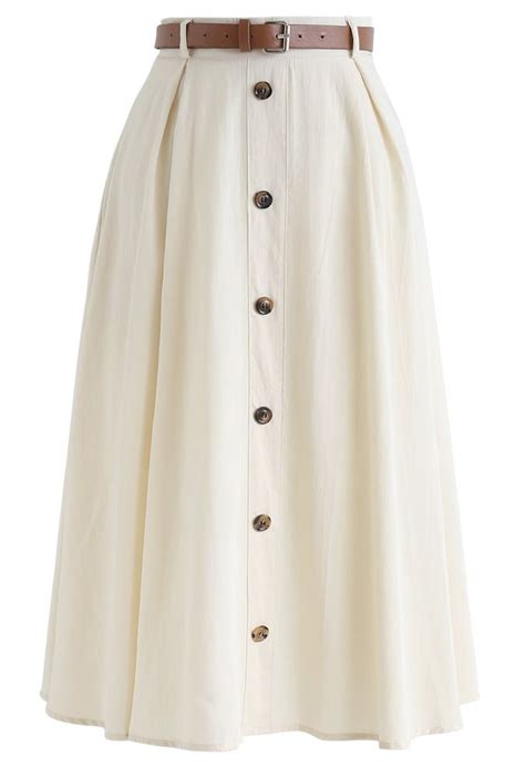 buttoned belted a line midi skirt in cream midi skirt cream skirt skirts