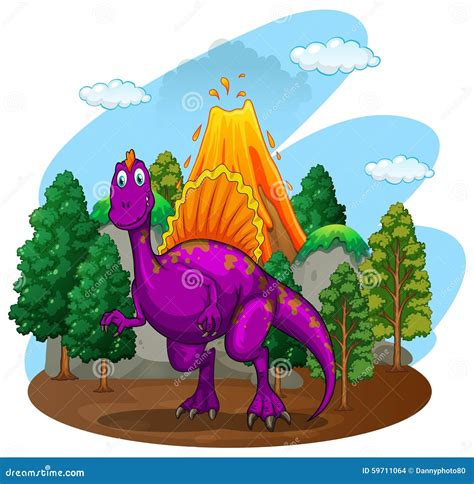 Dinosaur And Volcano Eruption Illustration Cartoon Vector