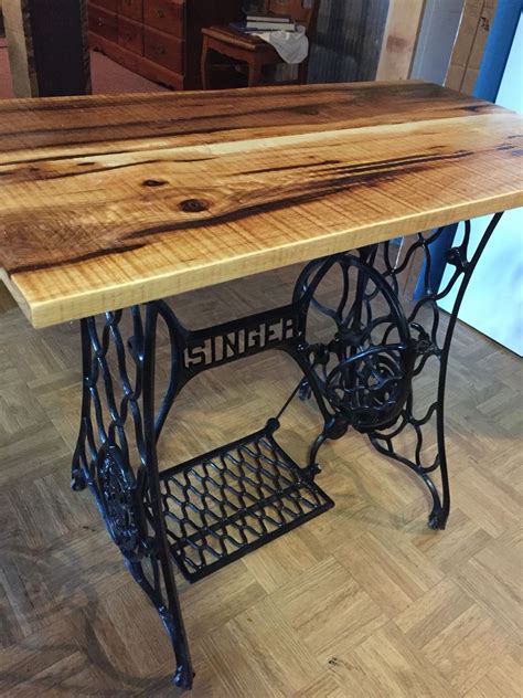 End Table Made From Antique Singer Sewing Machine With Rough Sawed