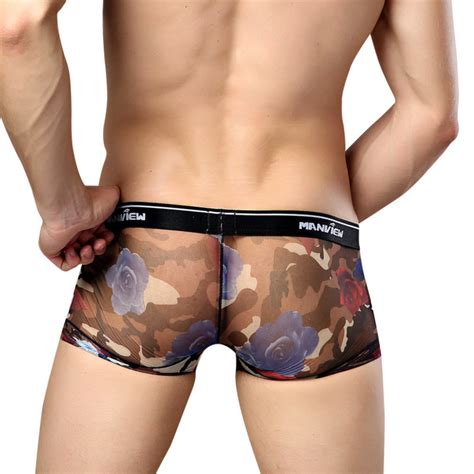 Manview Sexy Mens Underwear Printing Thin Net Yarn Underwear Boxer