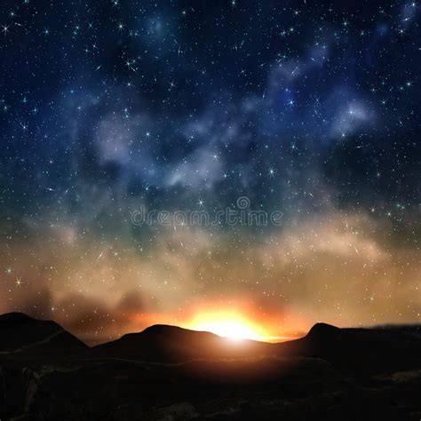 Starry Night Blue Sky And Orange Sunset Beam Flares Milky Way Nature