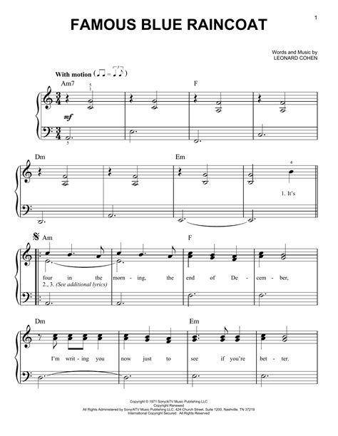 Leonard Cohen Famous Blue Raincoat Sheet Music Notes And Chords In 2021 Sheet Music Notes