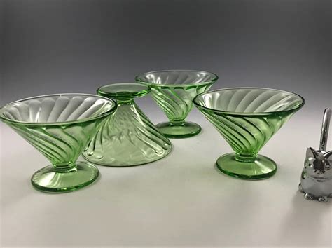 4 Uranium Glass Sherbets Federal Glass Diana Green Pattern Green