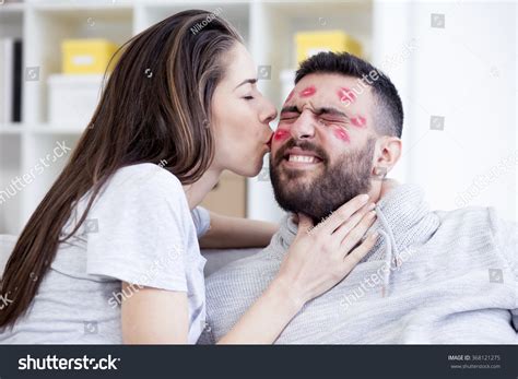 Valentines Couple Woman Kissing Man Red Stock Photo Shutterstock