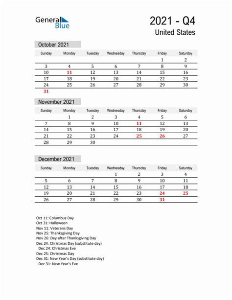 Q4 2021 Quarterly Calendar With United States Holidays Pdf Excel Word