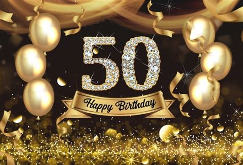 Sparkling Gold Balloons Black Background Happy 50th Birthday Party