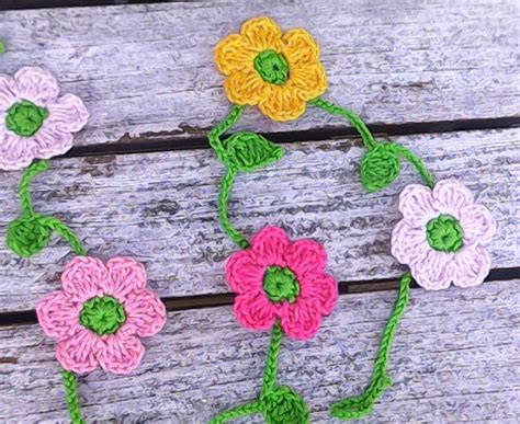 Crocheted Mini Garland With 10 Small Colorful Flowers Yellow Pink White