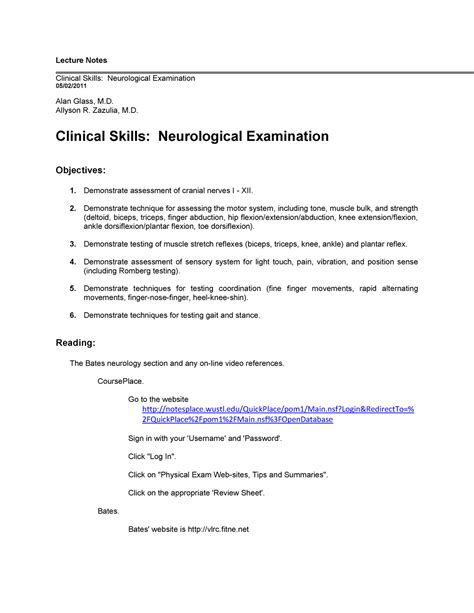Neurological Exam Lecture Notes Lecture Notes Clinical Skills Neurological Examination 0502