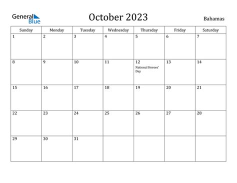 October 2023 Calendar With Bahamas Holidays