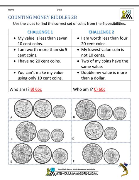 These sheets involve solving money riddles with amounts up to 30 cents. Money Worksheets Australia