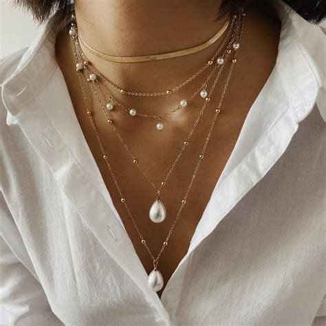 multi layer gold tone pearl necklace dainty boho layered etsy in 2020 layered pearl necklace