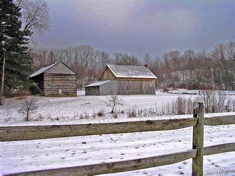 Wallpaper Trees Winter Ohio Snow Painterly Barn Fence Cabin