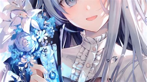 Beautiful Anime Girl Gray Hair Smiling Blue Flowers Beautiful