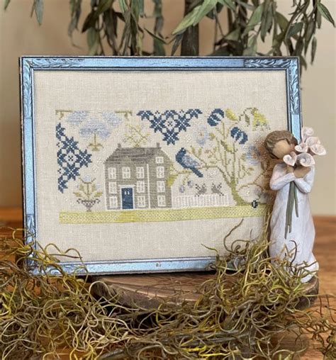 indigo lane cross stitch kit by brenda gervais of with thy needle the little red hen quilt shop