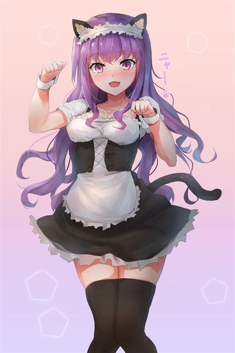 anime art ~♡ meido maid uniform dress apron ruffles frills stockings purple hair