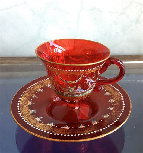 Moser Ruby Glass Cup And Saucer ‘venetian’ Scenes C 1925 20968 Moorabool Antique Galleries