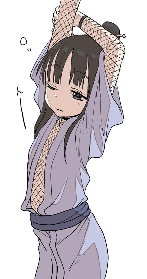 Safebooru 1girl Absurdres Arms Up Bangs Black Hair Blue Kimono Closed