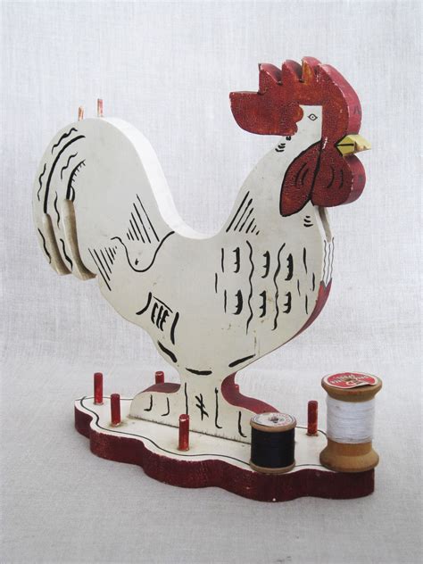 Vintage Rooster Folk Art Sewing Caddy Bird Shaped Thread Holder