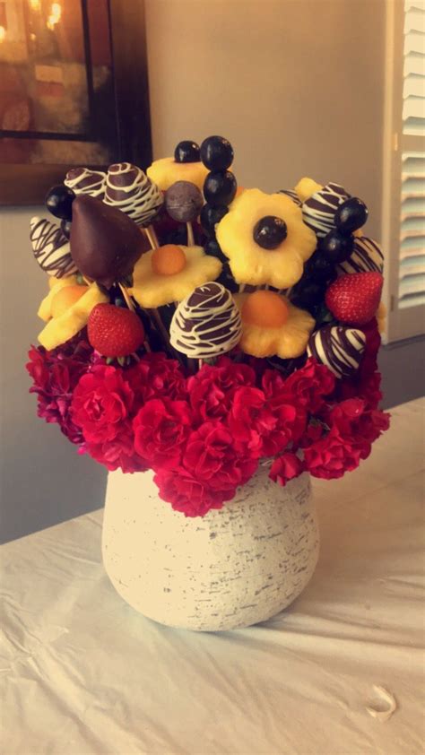 Items besides fruits are from dollar tree. diy edible fruit arrangement featuring chocolate dipped ...
