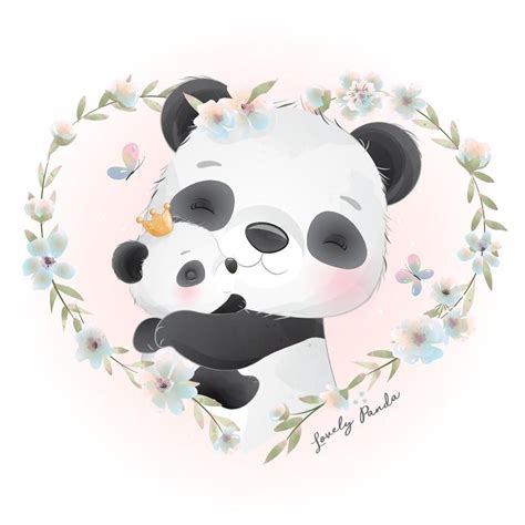 Lindo Panda Doodle Con Ilustración Floral Watercolor Flower Background