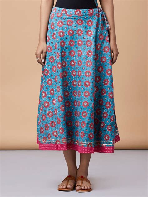 Buy Turquoise Pink Cotton Hand Block Printed Skirt Online At Theloom