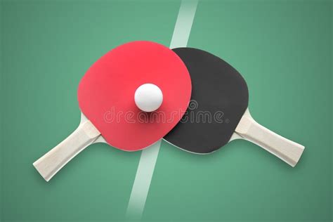 Paddles And Ball On Green Ping Pong Table Top View Stock Illustration