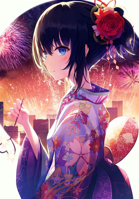 Anime Anime Girl Fireworks Short Hair Black Hair Blue Eyes