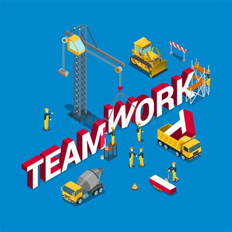 Teamwork Construction Building Word Flat 3d Isometric Vector Stock