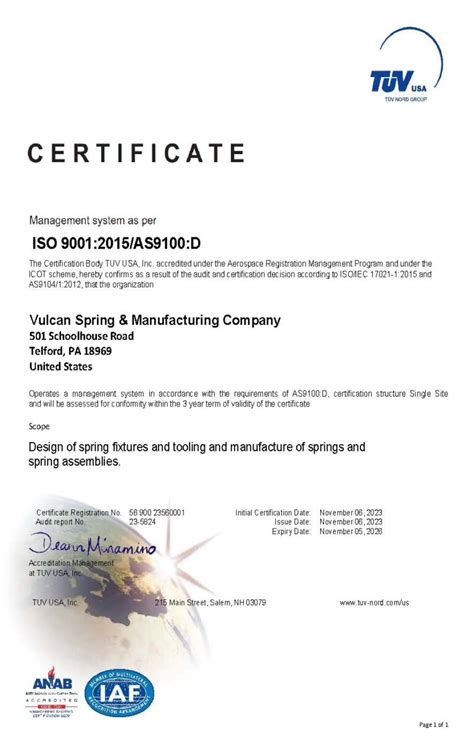 Vulcan Spring And Manufacturing Achieves As9100d Certification A
