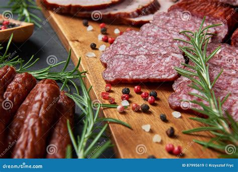 Set Of Cold Cuts On A Wooden Board Stock Image Image Of Ramson Meal