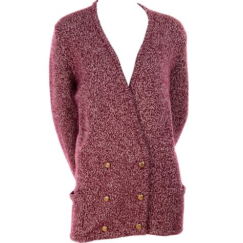 Vintage Chanel Cardigan Sweater In Burgundy And White Cashmere With