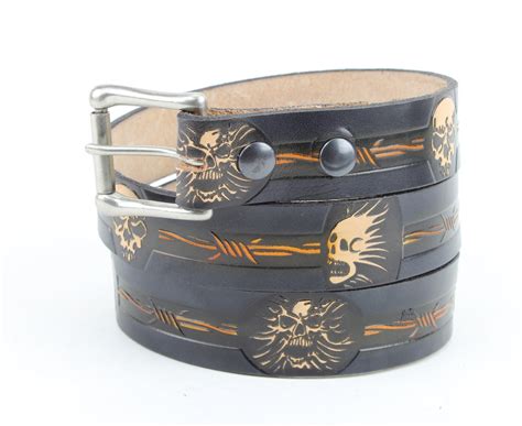 Barbed Wire Skull Tooled Leather Belt Hand Tooled Leather Etsy