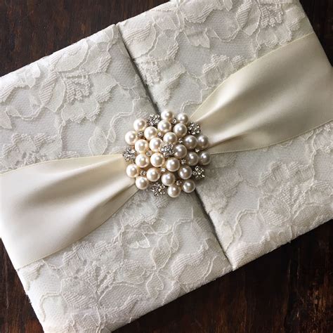 Handmade Ivory Pearl Brooch Embellished Lace Wedding Invitation Pocket