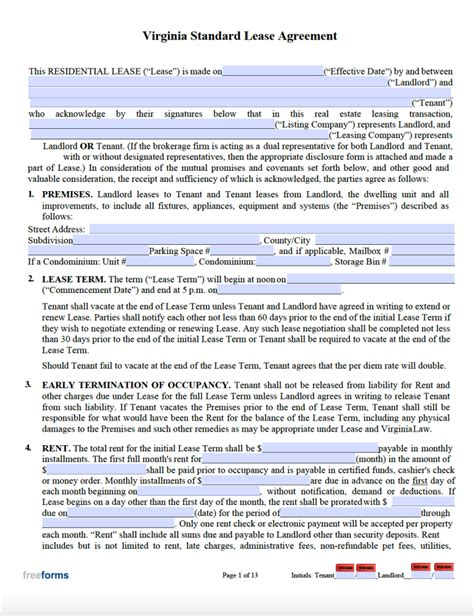 Free Virginia Standard Residential Lease Agreement Template Pdf