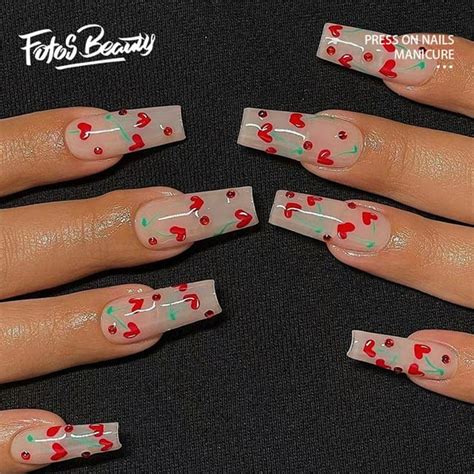 Fofosbeauty 24pcs Press On False Nail Tips Long Coffin Full Cover Fake Nails Ruby In Cherries