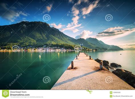 Sunset At Port Valais Town With Swiss Alps Near Montreux