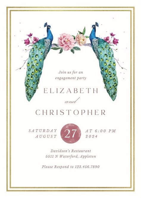 Peacocks In Love Engagement Party Invitation Template Free
