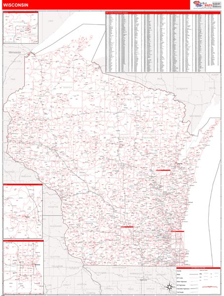 Wisconsin Zip Code Wall Map Red Line Style By Marketmaps