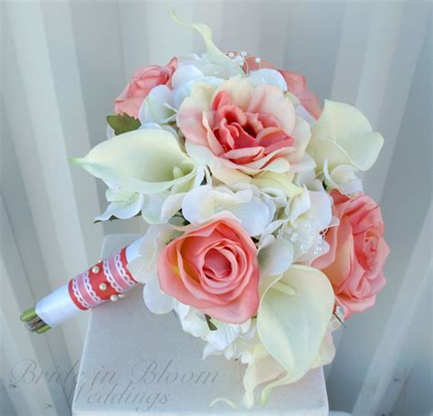 Wedding Bouquet Coral Rose White Real Touch Calla Lily