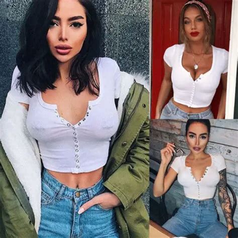 Sexy Women Short Sleeve Crop Top Button Halter Tops Casual Slim V Neck Short T Shirt T Shirts