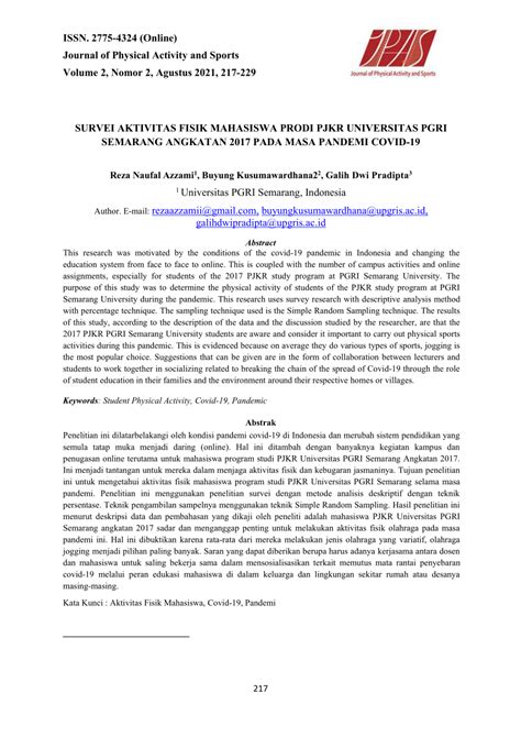 PDF Survei Aktivitas Fisik Mahasiswa Prodi Pjkr Universitas Pgri