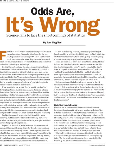 Odds Are It S Wrong Science Fails To Face The Shortcomings Of Statistics Siegfried 2010