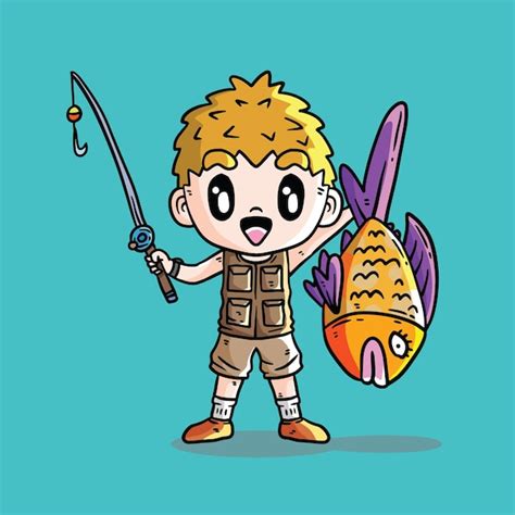Premium Vector Cute Vector Illustration Of Boy Fishing And Catch A
