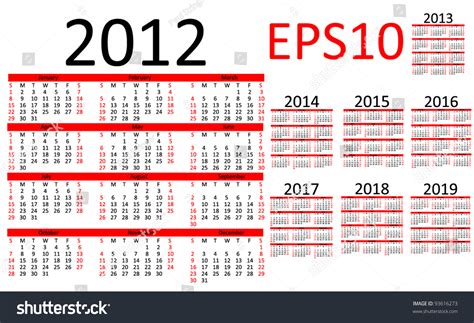 Calendar 2012 2013 2014 2015 2016 Stock Vector 93616273 Shutterstock
