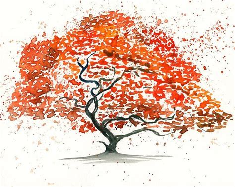 Japanese Maple Tree Landscape Painting Watercolor Orange By Ireart