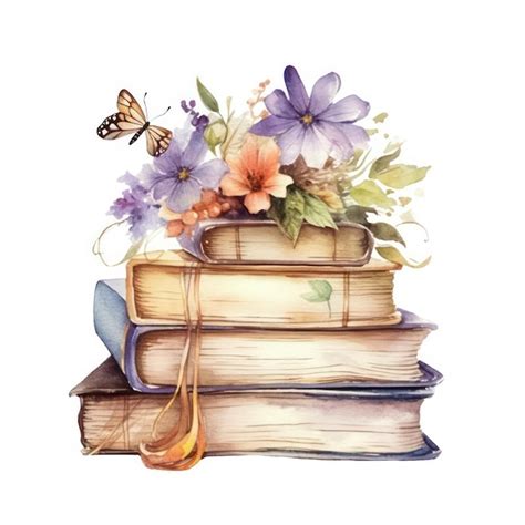 Premium Ai Image Watercolor Stack Of Books And Flowers White
