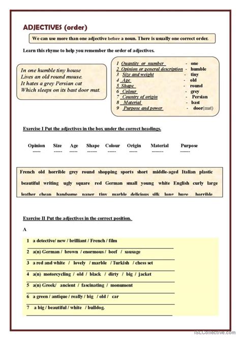 Order Of Adjectives General Grammar English Esl Worksheets Pdf And Doc