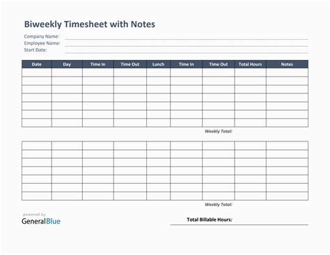 Biweekly Timesheet With Notes in PDF