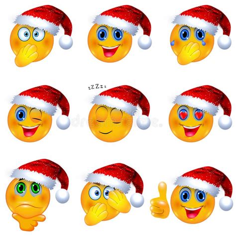 Yellow Smiley Faces With Christmas Santa Hat On Emoji Vector